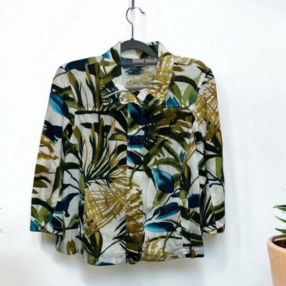 Chico’s Full Zip Linen 3/4 Sleeve Tropical Jacket Size 1 (Medium)